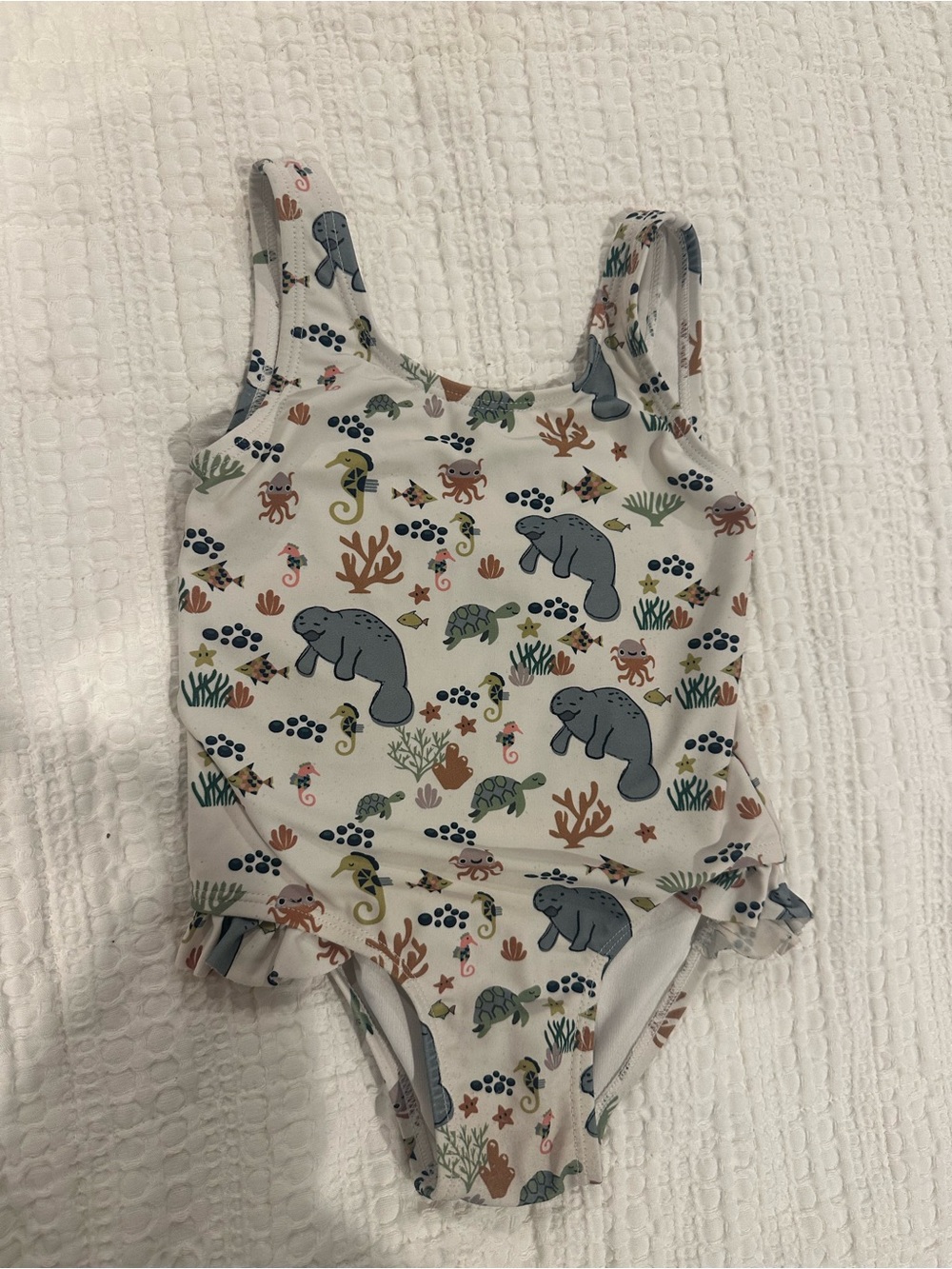 Kids One-Piece Swimsuit with Sea Life Print - White/Blue